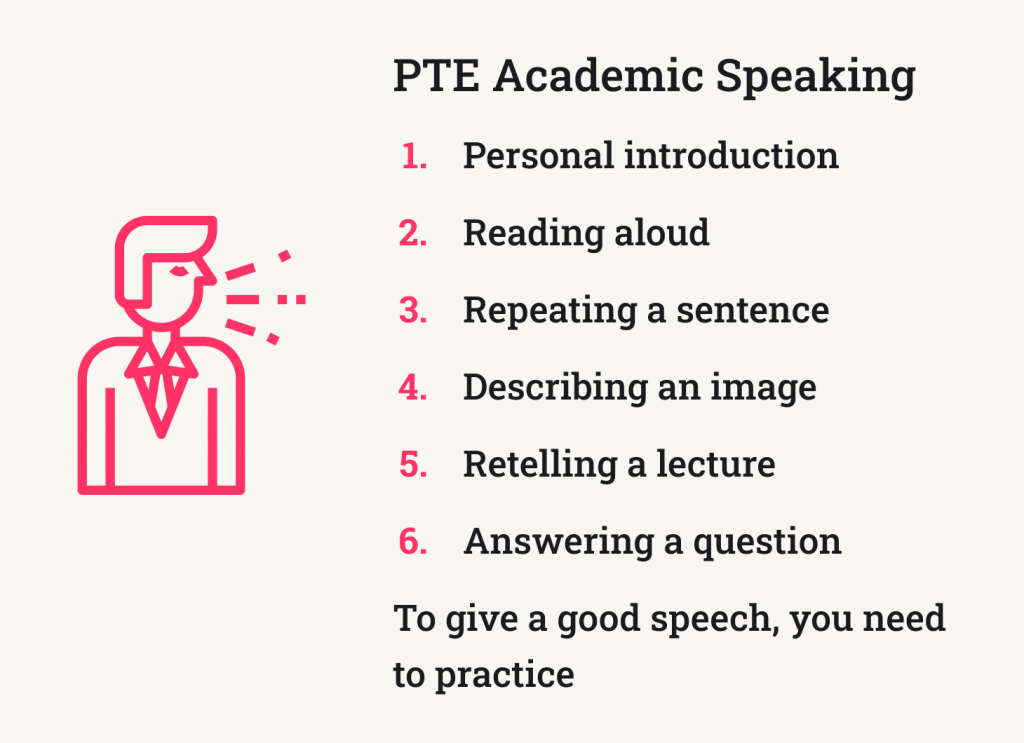 The picture depicts the contents of PTE Academic speaking section.