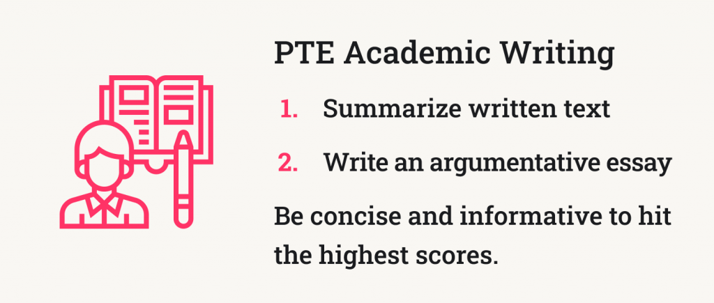 The picture depicts the contents of PTE Academic writing section.