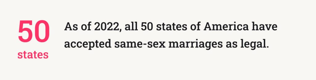 As of 2022, all 50 states of America have accepted same-sex marriages as legal.