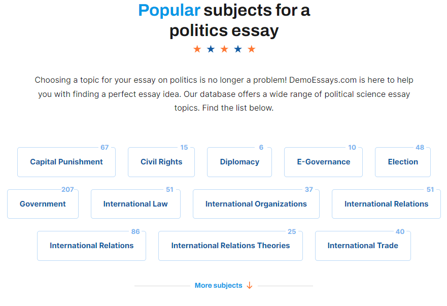 The picture shows the DemoEssays page with politics essay subjects.