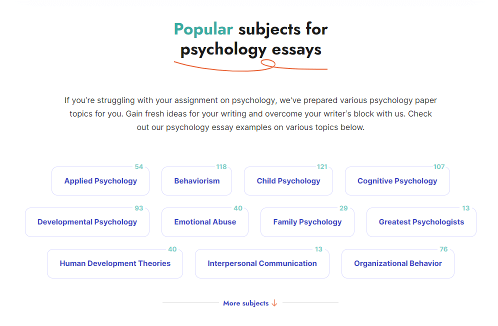 The picture shows available subjects on PsychologyWriting.com.