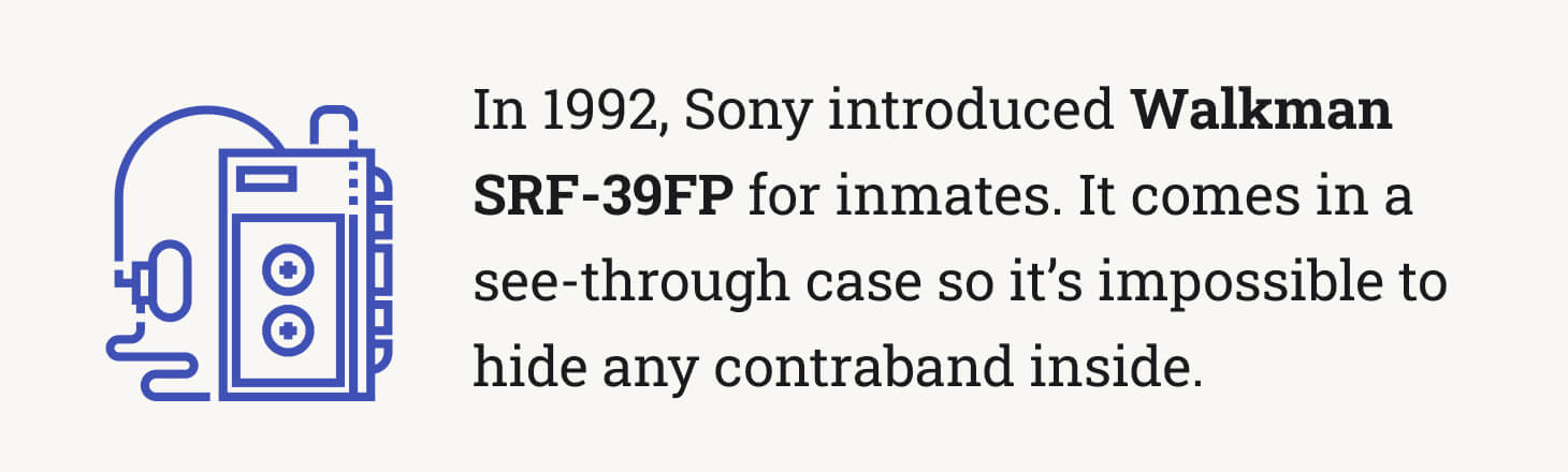 The picture introduces the Walkman SRF-39FP launched by Sony for inmates.