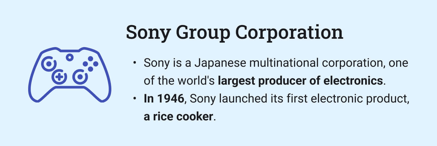 The picture provides introductory information about Sony corporation.