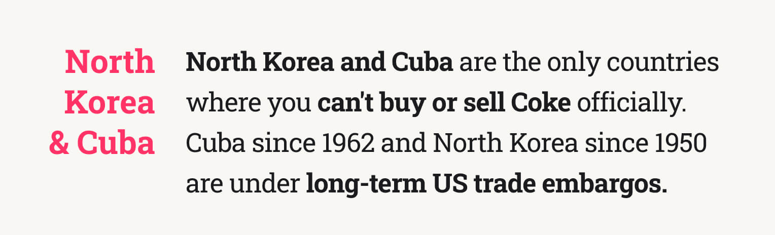 The picture provides the information about the countries (North Korea & Cuba) where Coke is not sold officially.