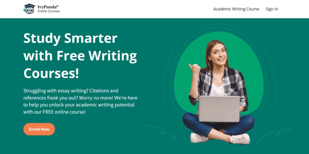 The picture shows the webpage featuring IvyPanda's free writing course.